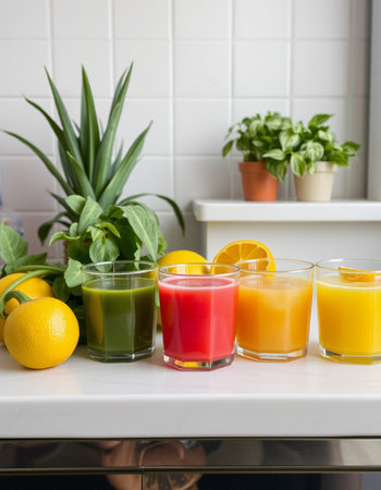 Colorful smoothies in glasses on the table in the kitchen.の写真素材