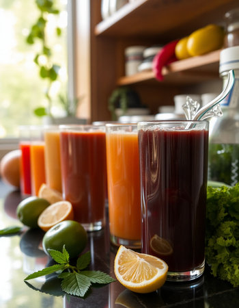 Fresh juice in glasses with fruits and vegetables on the kitchen table.の写真素材