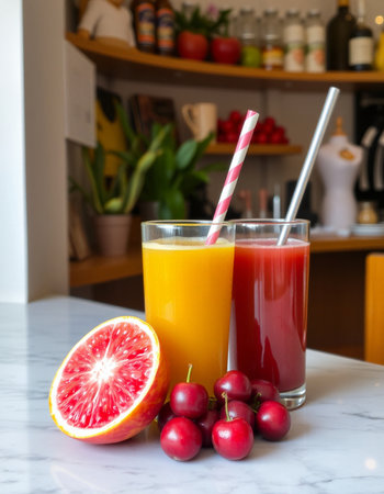 Two glasses of fresh juice with straws and fruits on the tableの写真素材