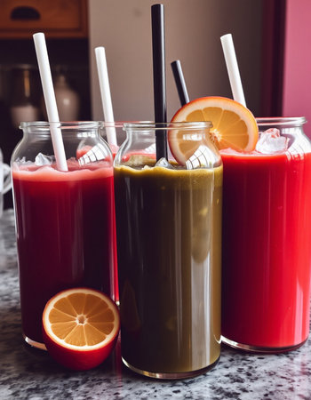 Healthy food, drink, diet and nutrition concept - close up of red and green smoothies in glass jars with straws.の写真素材