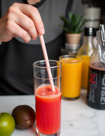 Woman's hand holding a straw and a glass of fresh juice.の写真素材