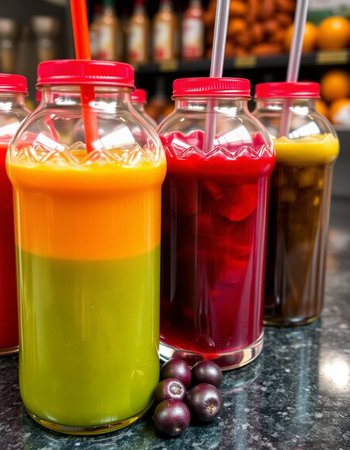 Colorful smoothies in bottles with straws on the table.の写真素材