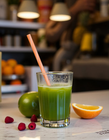 A glass of green smoothie with a straw on a bar counterの写真素材