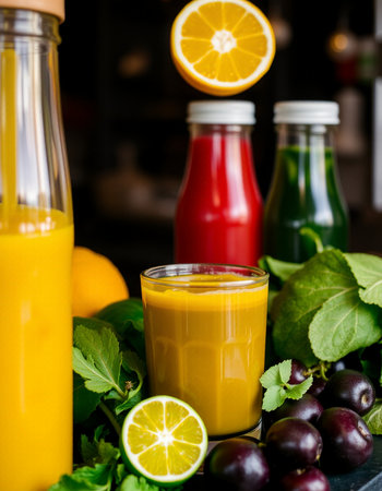 Freshly squeezed juice in bottles with fruits and vegetables on the background