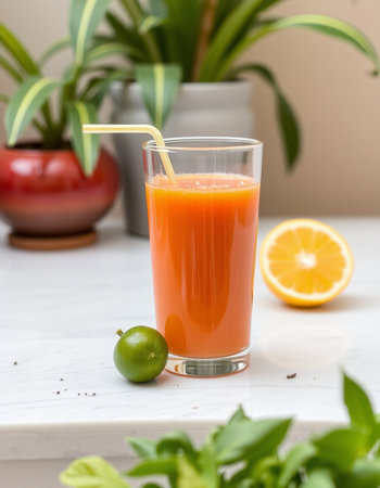 Fresh orange juice in a glass and fresh fruits on the table.の写真素材