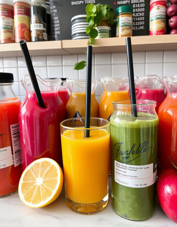Variety of fresh juice and smoothie juices in glass jars.の写真素材