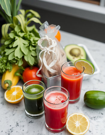 Healthy eating, dieting, vegetarian food and detox concept - fresh vegetable juices in glass and ingredients on kitchen tableの写真素材