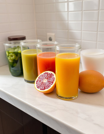 Freshly squeezed juices in a glass on a white marble countertopの写真素材