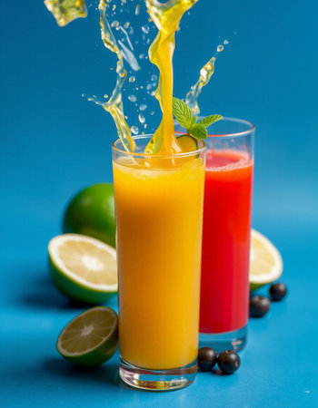 Fruit juices in glass with splashes and fruits on blue background