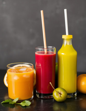 Glasses of fresh juice with straws and fruits on dark backgroundの写真素材