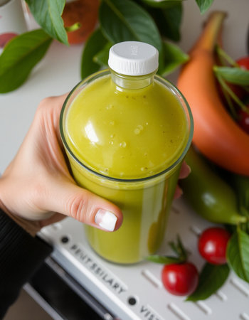 Close up of a woman's hand holding a glass of green juice