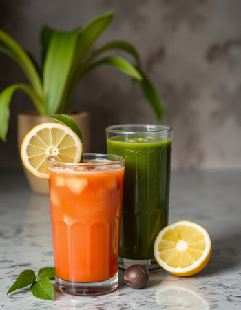Glasses of fresh vegetable juice with lemon and mintle tableの写真素材