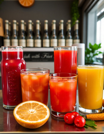 Glasses of fresh organic juices on bar counter in restaurant, verticalの写真素材