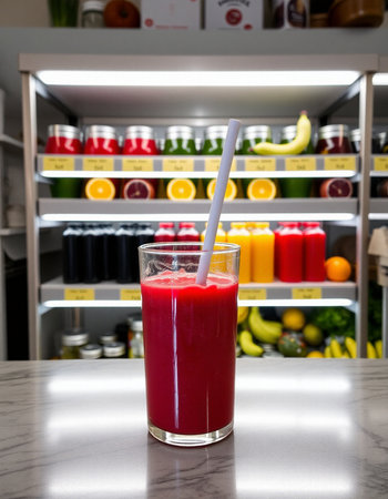 Fresh juice in a glass on the background of a refrigerator with fruits and vegetablesの写真素材