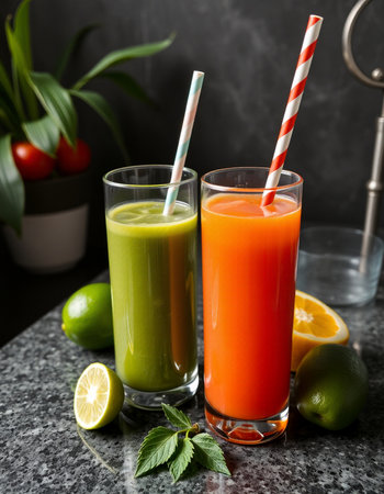 Glasses with tasty smoothies and ingredients on grey table, closeupの写真素材
