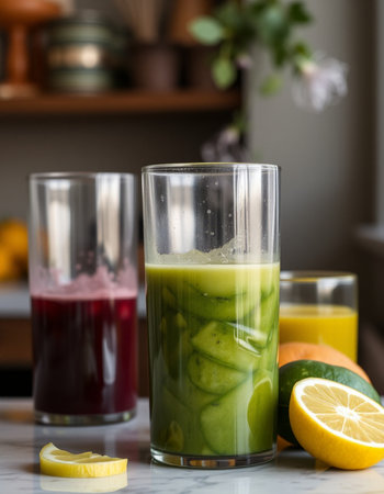 Healthy green smoothie in a glass with ingredients on the tableの写真素材