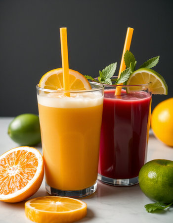 Two glasses of fresh smoothie with orange, lime and mint, verticalの写真素材