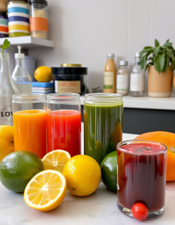 Variety of fresh juices in glass bottles on white marble countertopの写真素材