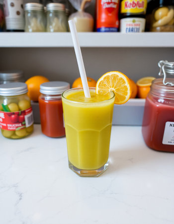 Glass of orange smoothie with a straw on the shelf in the kitchenの写真素材