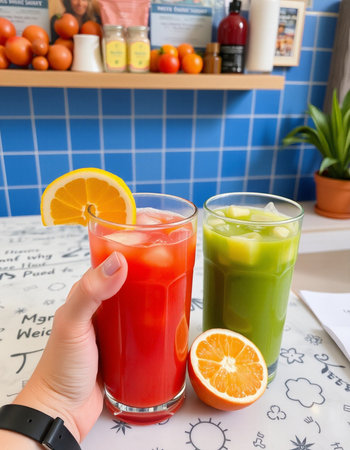 Two glasses of fresh juice with orange and grapefruit on the tableの写真素材