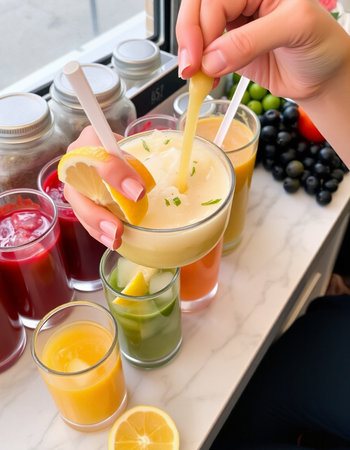 Fruit smoothies in glass on white marble table, closeupの写真素材