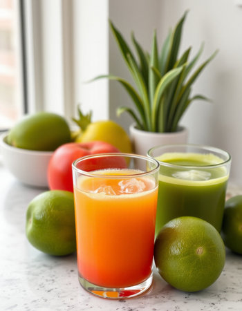 Glasses of fresh juice and fruits on table in kitchen, closeup