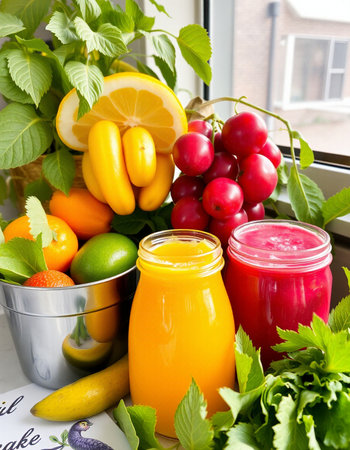 Healthy smoothies with fresh fruits and vegetables on the windowsillの写真素材