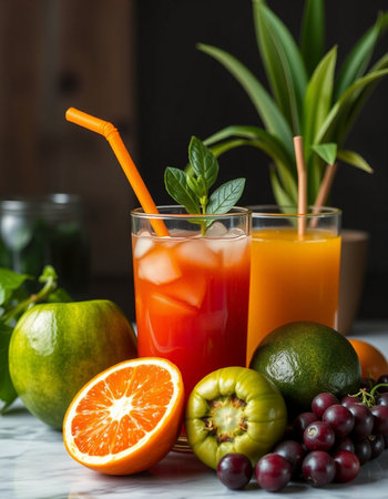Fresh fruit and vegetable juices in glasses on a wooden background. Selective focus.の写真素材