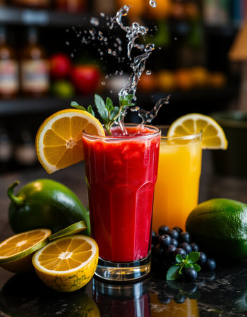 Fruit juice in a glass with splashes on a bar counterの写真素材