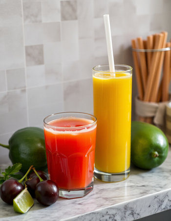 Glasses of fresh fruit juices and ingredientsle table, verticalの写真素材