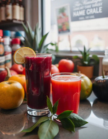 Glasses of fresh juice with fruits and vegetables on the kitchen tableの写真素材