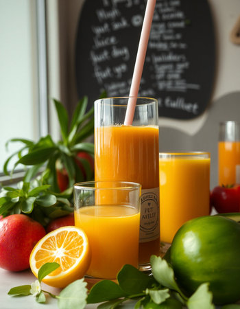 Freshly squeezed orange juice in a glass with fresh fruits and vegetablesの写真素材