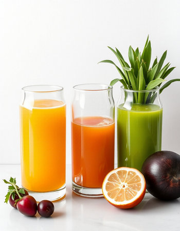 Glasses of fresh juice with fruits and vegetables on white background.