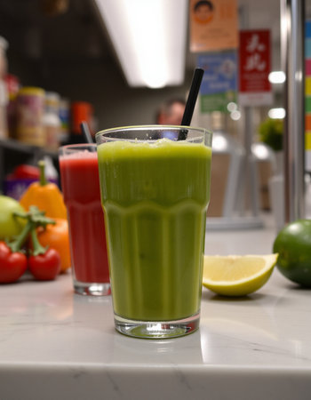Glass of green smoothie with lime and vegetables in the background.の写真素材