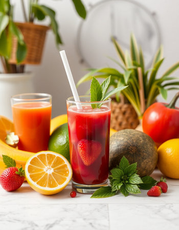 Glasses of fresh smoothie with fruits and vegetables on white marble tableの写真素材