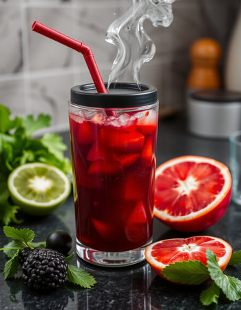 Refreshing lemonade with ice, blackberry, lime and mint.の写真素材