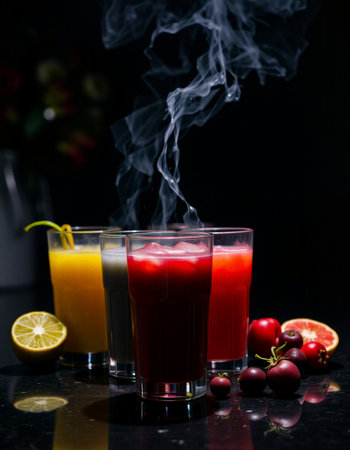 cocktail with red currant and orange juice on a black backgroundの写真素材
