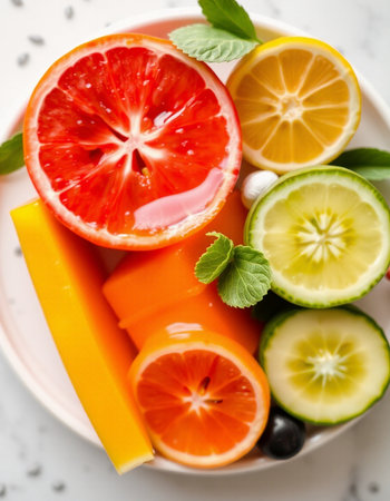 Fruit salad with orange, lemon, grapefruit, lime and mintの写真素材