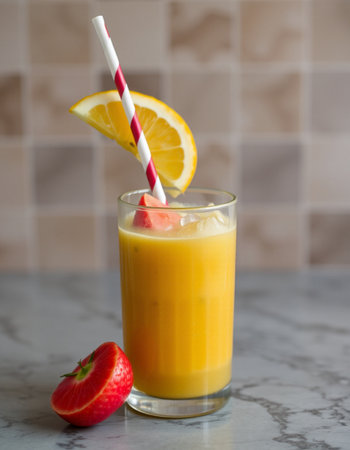 A glass of fresh smoothie with a straw and a slice of orangeの写真素材