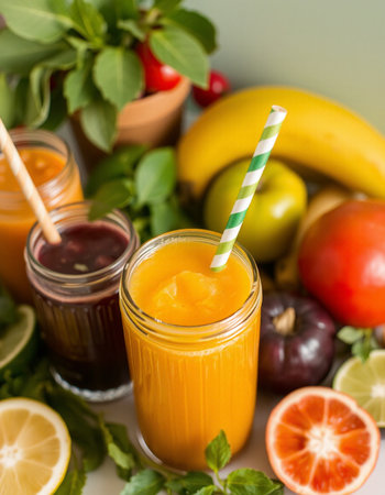 Healthy smoothie with fresh fruits and vegetables, selective focus.の写真素材