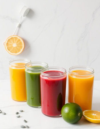 Colorful smoothies in glass jars and ingredients on white marble backgroundの写真素材