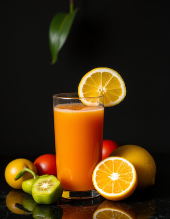 Glass of fresh orange juice with fruits and vegetables on a black background
