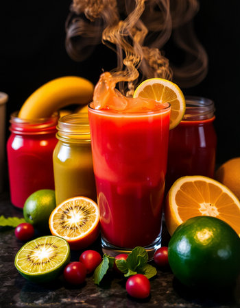 Fruit smoothies in glass with ingredients on a dark background.の写真素材