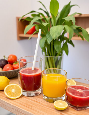 Glasses of fresh juice and fruits on wooden table in the kitchenの写真素材