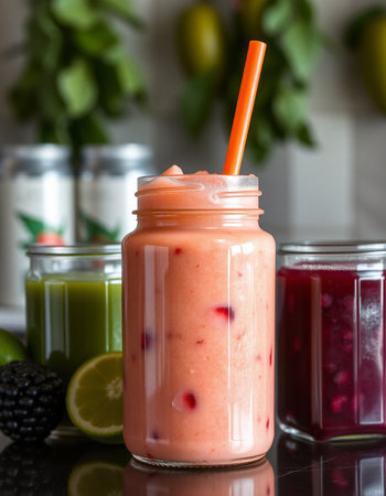 Fresh fruit smoothie in a glass jar with a straw on the tableの写真素材