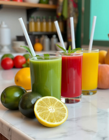 Glasses of fresh smoothie with fruits and vegetables in the kitchenの写真素材