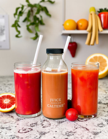 Freshly squeezed tomato juice in a glass jar with straws on a marble countertopの写真素材