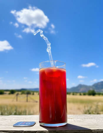 A glass of red juice on a wooden table in a field.の写真素材