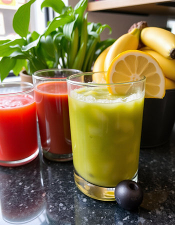 Three glasses of healthy smoothies with fresh fruits and vegetables on the tableの写真素材