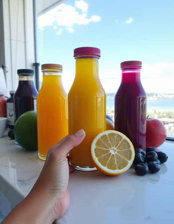 Healthy breakfast with fresh fruit and juice in a glass bottle.の写真素材